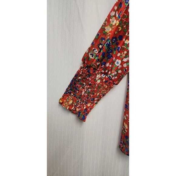 Rachel Zoe Red Floral High Neck Smock Sleeve Blouse Multicolor Red Size Medium - Picture 7 of 12